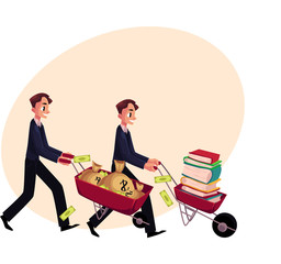 Two men, businessmen pushing wheelbarrows, one with pile of books, another holding money bags, cartoon vector illustration with space for text. Money versus education concept