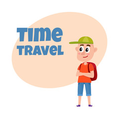 Travel time poster, banner, postcard design with teenage boy tourist with backpack wearing shorts and baseball cap, cartoon vector illustration. Full length portrait of boy, traveling on vacation