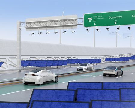 Electric cars driving on the wireless charging lane of the highway.  Solar panel station and wind turbine on the roadside. 3D rendering image.