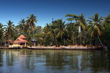 Fototapeta na wymiar panoramic view with Coconut trees, backwaters landscape of Alleppey, Kerala, India