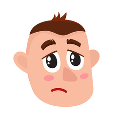 Young man face, crying facial expression, cartoon vector illustrations isolated on white background. Handsome boy emoji crying, shedding tears, sad, heart broken, in grief.