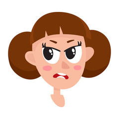 Pretty brown hair woman, angry facial expression, cartoon vector illustrations isolated on white background. Beautiful woman frowns, feeling distresses, frustrated, sullen, upset. Angry face