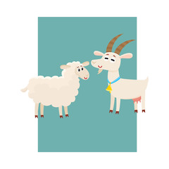 Poster, label, banner template with farm smiling goat and sheep, cartoon vector illustration. Cute and funny farm goat and sheep with friendly faces and big eyes on banner, poster, card template