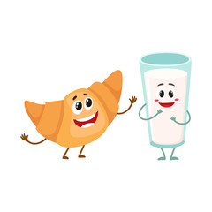Funny smiling glass of milk and croissant characters, perfect beakfast combination, cartoon vector illustration isolated on white background. Cute, funny milk glass and croissant, roll bun characters