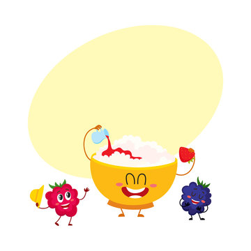 Funny smiling bowl of cottage cheese and raspberry, blackberry berry characters, cartoon vector illustration with space for text. Cute and funny cottage cheese bowl and berry characters