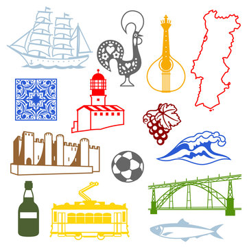 Portugal icons set. Portuguese national traditional symbols and objects