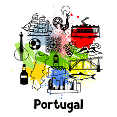 Portugal print design. Portuguese national traditional symbols and objects