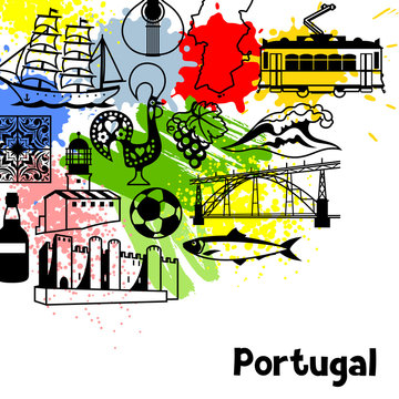 Portugal background design. Portuguese national traditional symbols and objects