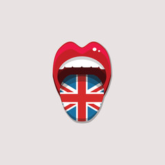 Learning languages concept. Learning English language. Open mouth with flag of England. English language tongue open mouth with flag of Great Britain. Vector illustration. EPS 10.