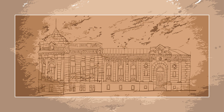 Hand drawn sketch of  Architecture facade, Kyiv, Ukraine. A building with a lot of windows and a clock tower. The building is old and has a lot of detail