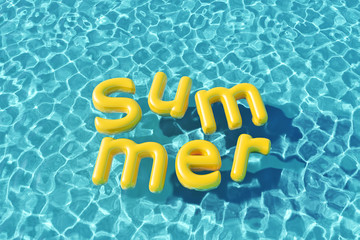 Summer yellow text floating in a swimming pool. 3D Rendering