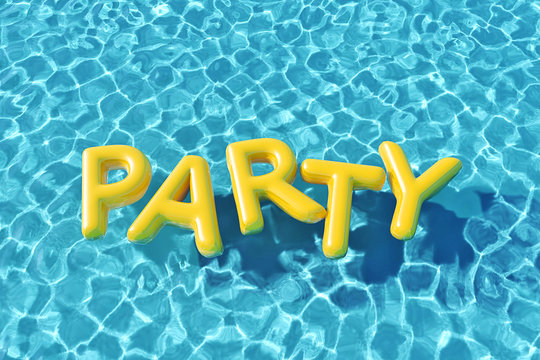 Party yellow text floating in a swimming pool. 3D Rendering