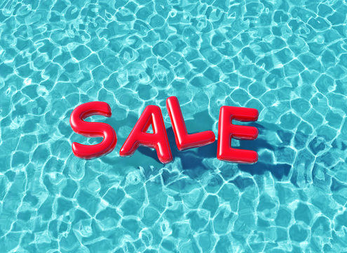 Summer sale red text floating in a swimming pool. 3D Rendering