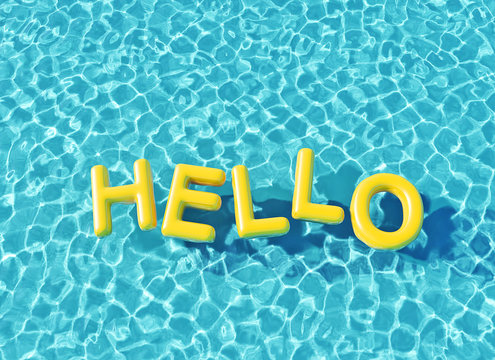 Hello yellow text floating in a swimming pool. 3D Rendering