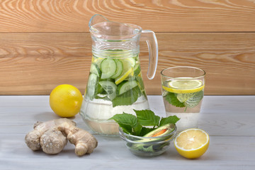 Полезный для здоровья напиток из лимона,огурца,имбиря,листьев малины и авокадо.