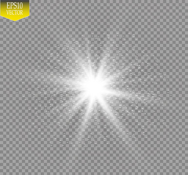 Glow light effect. Starburst with sparkles on transparent background. Vector illustration. Sun. Christmas flash. dust