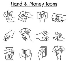 Obraz premium Money & Hand, investment, asset, money, cash, profit, interest, finance icons set in thin line style