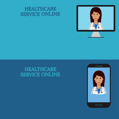 Horizontal medical banners. Medical advice online. Telemedicine. Woman doctor on computer screen and smartphone. Template with space for text.