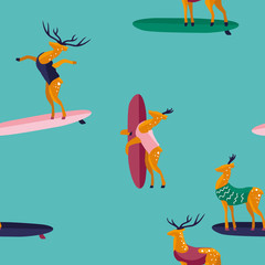 Summer seamless pattern. Funny cartoon deer surfer in swimsuit. Flat style illustration. Summer beach surfing illustration.