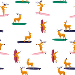 Fototapeta premium Summer seamless pattern. Funny cartoon deers on surfboard. Flat style illustration. Summer beach surfing illustration.