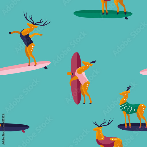 "Summer seamless pattern. Funny cartoon deer surfer in swimsuit. Flat