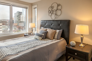 contemporary bedroom with city view