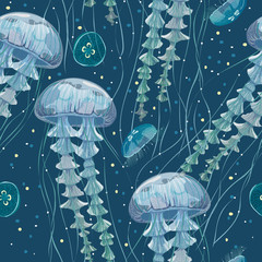 Nahtloses Muster mit detaillierten transparenten Quallen. Blaues Meergelee auf weißem Hintergrund. Vektor-Illustration