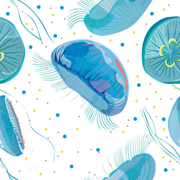 Seamless pattern with detailed transparent jellyfish. Blue sea jelly on white background. Vector illustration
