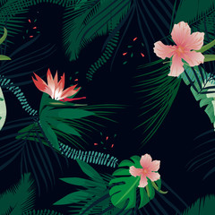 Summer exotic floral tropical palm, banana leaves. Pattern vector seamless on the dark background. Plant flower nature wallpaper