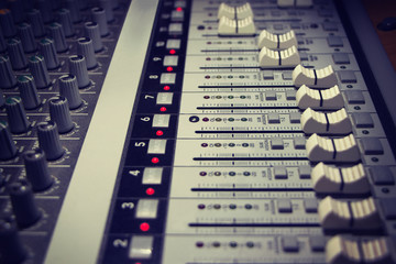 Analogue sound mixer panel, closeup