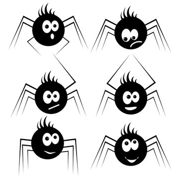 Set of cartoon black spiders. Funny and cute characters. Vector illustrations on a white background.
