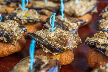 Corn bread. Mchadi and Aubergine with nuts - traditional Georgian cuisine