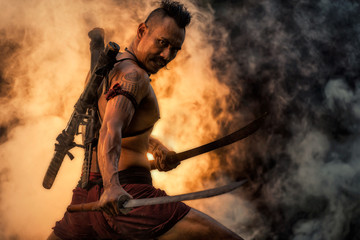 On the battlefield, Traditional warrior in Thailand.