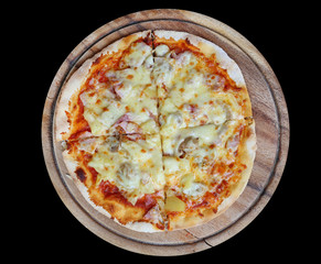 Delicious homemade pizza served on wood tray isolated on black background