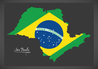 Sao Paulo map with Brazilian national flag illustration