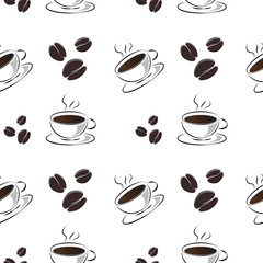 seamless pattern of a hot coffee cup and coffee beans vector background
