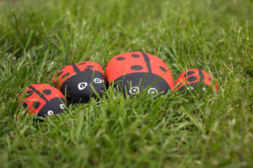 Handmade painted acrylic stone ladybug in garden