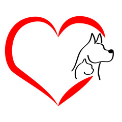 Head of dog and cat with heart on white background