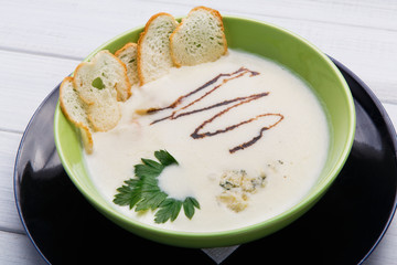 French cuisine restaurant food. Hot dish, creamy mushroom soup