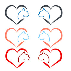 Colourful silhouette of a cat with hearts  on white background