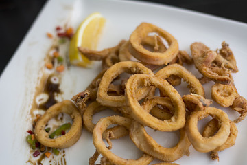 Fried squid rings breaded with lemon. Typical spanish tapas.