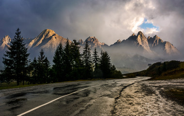 road to High Tatra Mountain Ridge in stormy weather