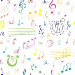 Seamless Pattern of Hand Drawn Set of  Music Symbols. Colorful Doodle Treble Clef, Bass Clef, Notes and Lyre. Sketch Style. Vector Illustration.