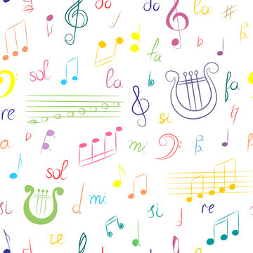 Seamless Pattern of Hand Drawn Set of  Music Symbols. Colorful Doodle Treble Clef, Bass Clef, Notes and Lyre. Sketch Style. Vector Illustration.