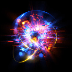 Light corrupted ring on dark background. Glowing energy ball. Glitch Texture. 3D chaos forms. Digital image data distortion effect. Explosion shape