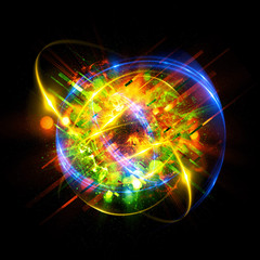 Light corrupted ring on dark background. Glowing energy ball. Glitch Texture. 3D chaos forms. Digital image data distortion effect. Explosion shape