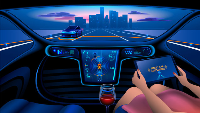 Autonomous Smart car interior. A woman rides a autonomous car in the city on the highway. The display shows information about the vehicle is moving, GPS, travel time, Assistance app. Future concept.