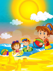Obraz na płótnie Canvas children playing at the beach having fun by the sea or ocean