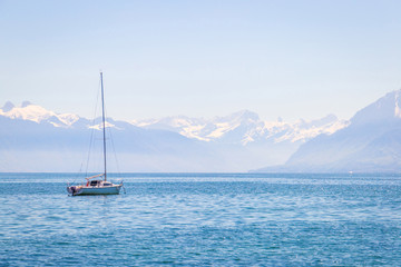 Nature, Amazing View of Lake Geneva with One Boat, Lausanne, Switzerland, Horizontal View