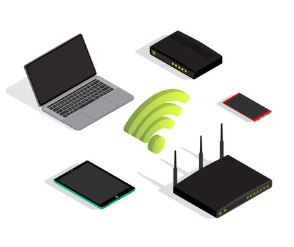 Wifi network isometric devices, vector illustration. Laptop, smartphone tablet modem, router devices, wifi connection icon. 